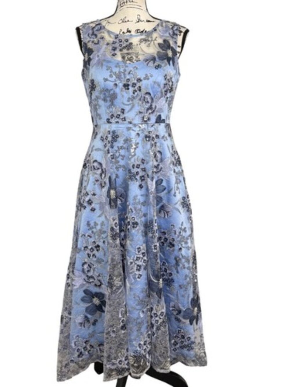 Eliza J Blue Floral Lace Fit-and-Flare Midi Dress